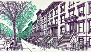 Line art illustration of brownstone buildings in Prospect Lefferts Gardens, Brooklyn