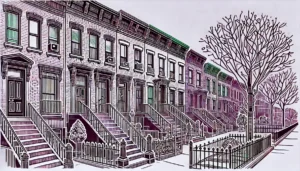 Line art illustration of brick row houses in Red Hook, Brooklyn