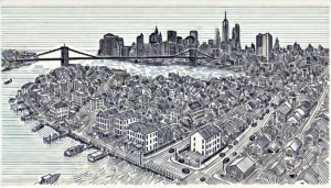 Line art illustration of Boerum Hill, Brooklyn, NYC in a limited color palette