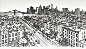 Line art illustration of Brooklyn Heights, Brooklyn, NYC