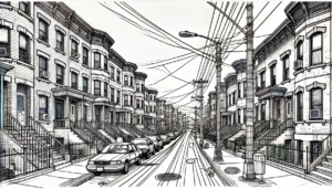 Line art illustration of Cypress Hills row houses in Brooklyn, NYC