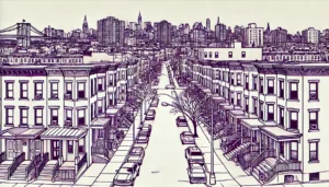 Line art illustration of East New York row houses and street