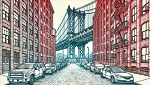 Line art illustration of DUMBO Brooklyn with Manhattan Bridge, NYC