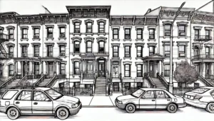 Line art illustration of Crown Heights brownstones with cars in Brooklyn, NYC