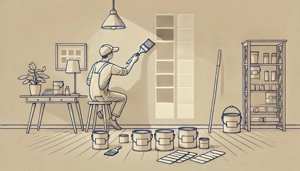 A line art illustration of a person testing a paint color on a wall, applying sample colors with a paintbrush. The scene includes paint cans, swatches, and a simple room setup with minimal furniture.

