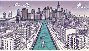 Line art illustration of Gowanus canal and skyline in Brooklyn