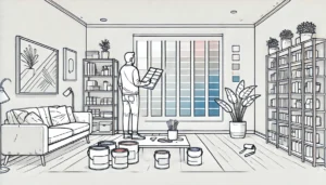 A line art illustration of a person holding paint color swatches, selecting colors for a room, with paint cans and brushes nearby.