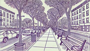 Line art illustration of benches and trees along Ocean Parkway in Brooklyn