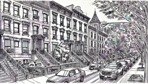 Line art illustration of brownstone buildings in Park Slope, Brooklyn