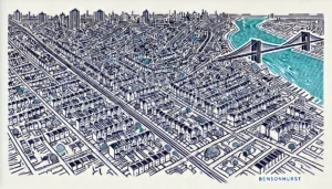 Line art illustration of Bensonhurst, Brooklyn, NYC, featuring abstract representations of residential streets, local parks, and iconic row houses using a limited color palette of indigo, teal, and white.