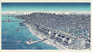 Line art illustration of Bath Beach, Brooklyn, NYC, featuring abstract representations of waterfront views, local landmarks, and architecture using a limited color palette of indigo, teal, and white