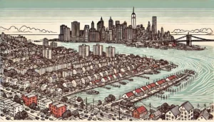 Line art illustration of Bergen Beach, Brooklyn, NYC in a limited color palette