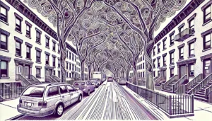 Line art illustration of tree-lined street in Greenpoint, Brooklyn