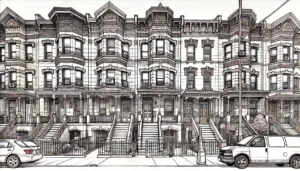 Line art illustration of Brownsville row houses in Brooklyn, NYC