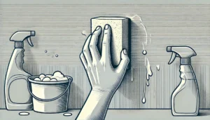 Cleaning stains from a wall using a sponge with cleaning tools nearby.