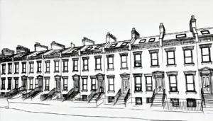 Line art illustration of Carroll Gardens row houses in Brooklyn, NYC