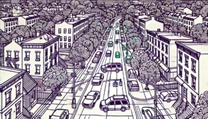 Line art illustration of a busy street in Marine Park, Brooklyn